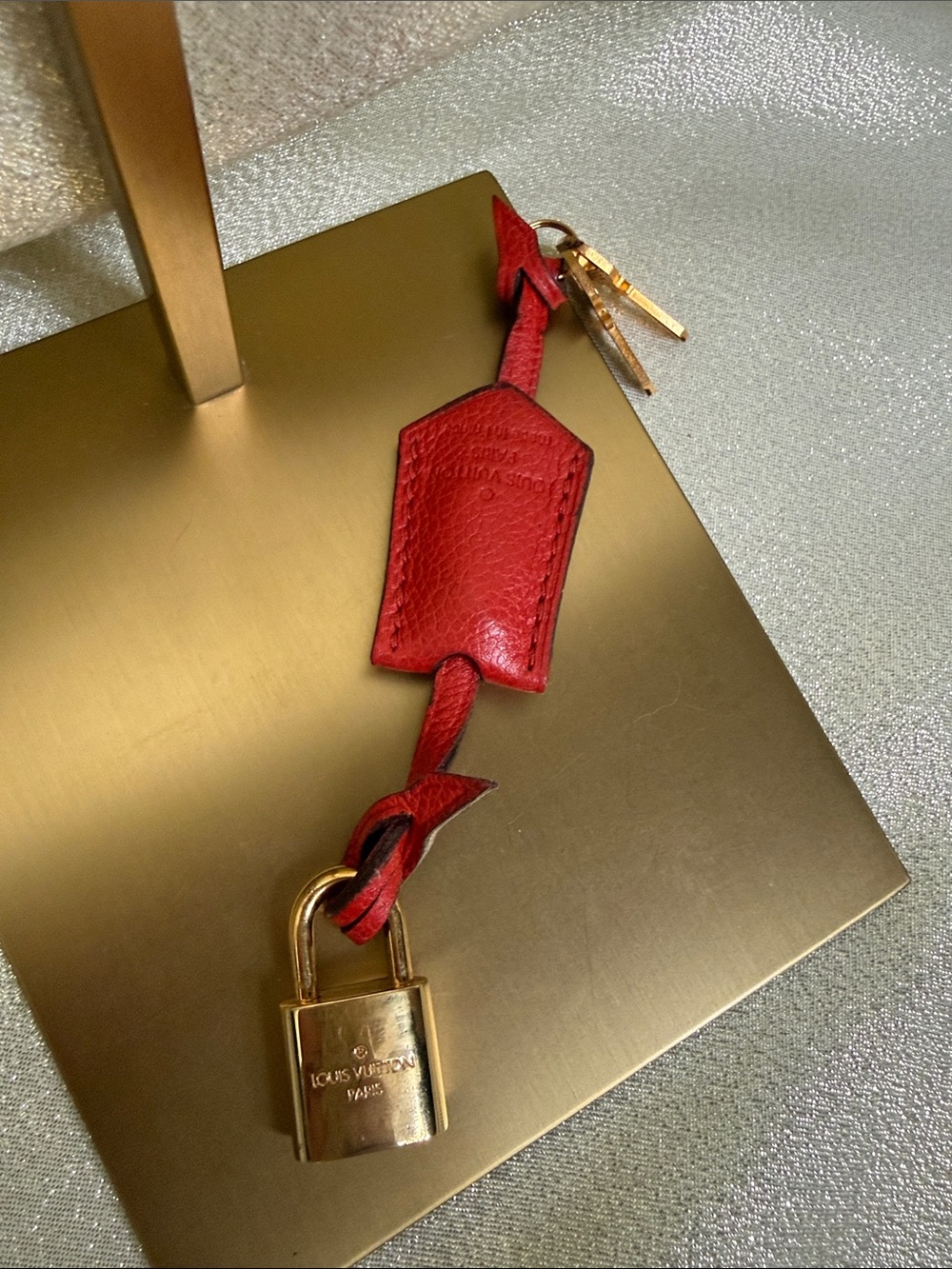Louis Vuitton Red Leather Padlock and Key Charm with Gold Hardware